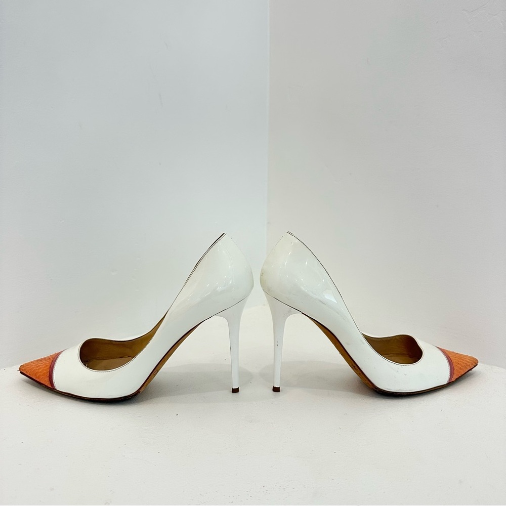 Jimmy Choo White Patent Stiletto Pumps with Coral Snakeskin and Pink Suede